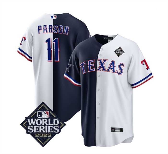 Mens Texas Rangers & Cowboys #11 Micah Parsons Navy White Splite 2023 World Series Splite Stitched Baseball Jersey Dzhi